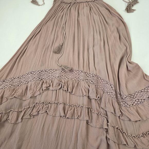 Free People Dress Womens Large Mauve Boho Maxi Lace Crochet Ruffle Smocked - Picture 7 of 14